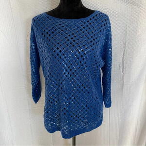 Chico’s blue sequin 3/4 sleeve open weave sweater size M